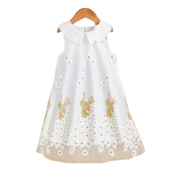 Other - Golden Peacock Printed Lapel White Dress (4Y)